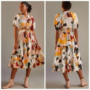 Anthropologie Conditions Apply Floral Puff Sleeve Smocked Midi Dress Size 8